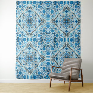 Tenture Carreaux à fleurs bleus