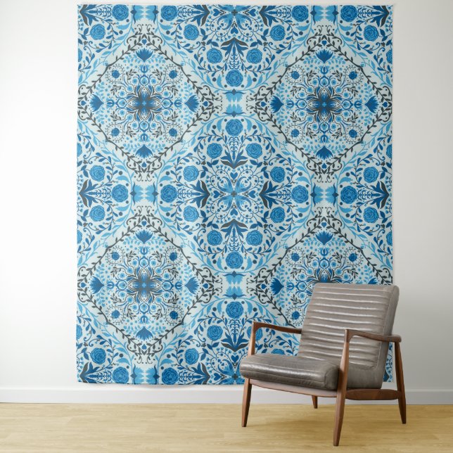 Tenture Carreaux à fleurs bleus (En situation)