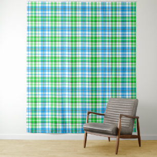 Tenture Carreaux Bleus Et Verts Tartan Blanc