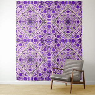 Tenture Carreaux floraux en violet et coton bonbon rose