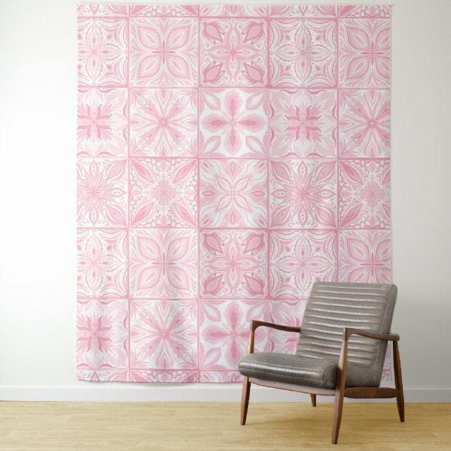 Tenture Carreaux ornés en rose (En situation)