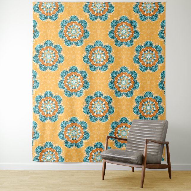 Tenture Carrelage Mandala floral en Orange et Turquoise (En situation)
