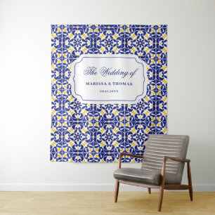 Tenture Carrelage méditerranéen Bleu & Jaune Mariage fond