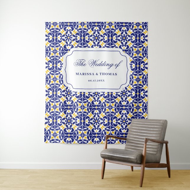 Tenture Carrelage méditerranéen Bleu & Jaune Mariage fond (En situation)