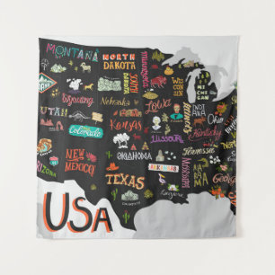 Tenture Carte des États-Unis : Affiche illustrée