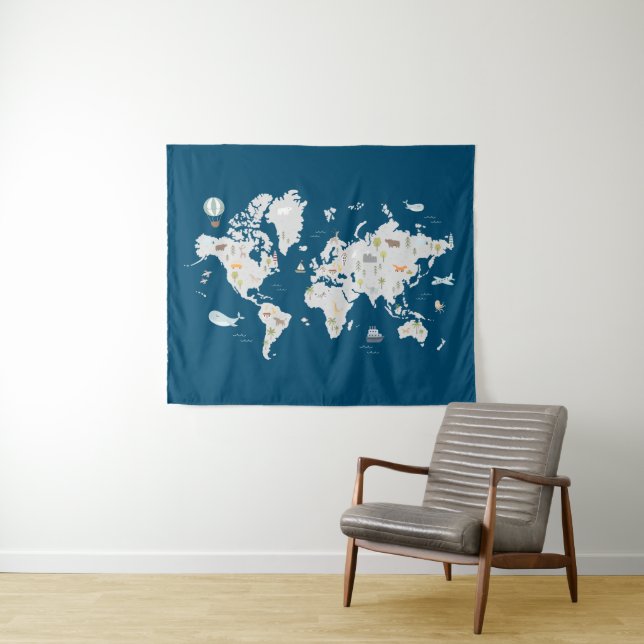 Tenture Carte du monde animal mignon (En situation (horizontale))