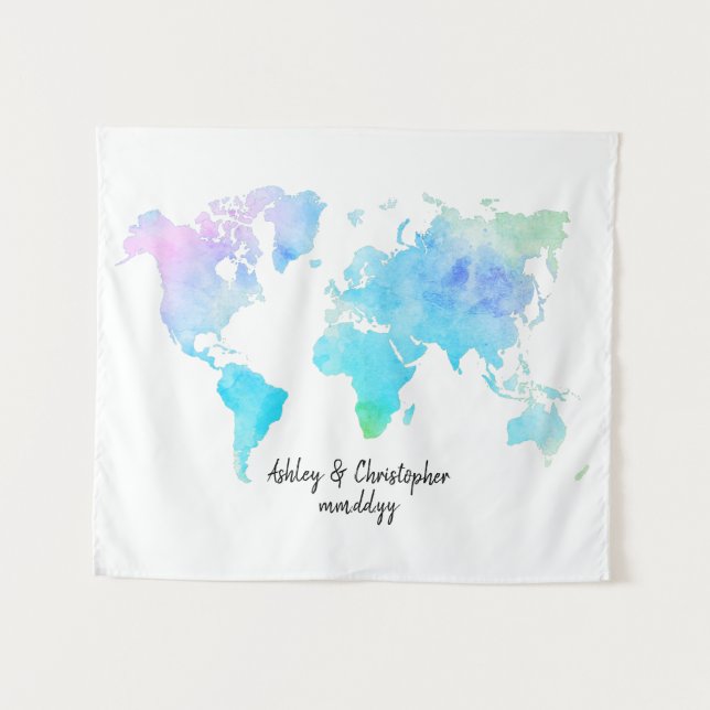 Tenture Carte du monde aquarelle pour mariage, plan de bie (Devant (Horizontal))