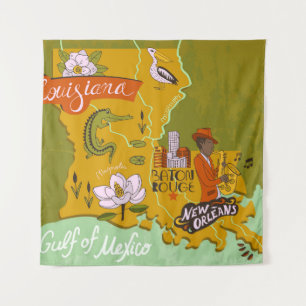 Tenture Carte illustrée de Louisiane, USA. Voyage et attr