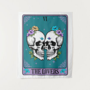 Tenture Carte Tarot Les amoureux avec crânes et fleurs