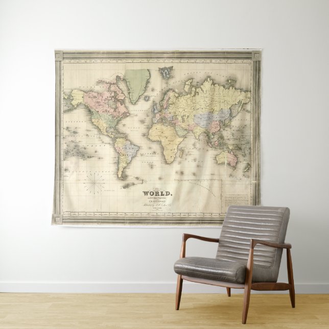 Tenture Carte vintage du monde (1840) (En situation (horizontale))