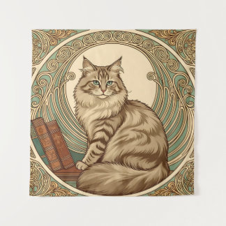 Tenture cat and books framed with geometrical ornament