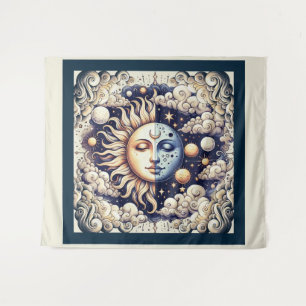 Tenture Céleste Vintage Demi Soleil & Lune Bleu Jaune