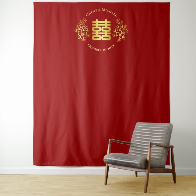 Tenture Cérémonie du thé mariage chinois à fleurs rouges t (En situation)