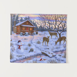 Tenture Cerf Cabine D'Hiver Dans La Scène De Noël De Neige