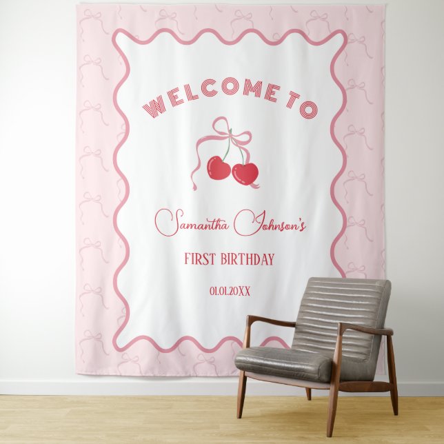 Tenture Cerise sur le dessus Pink Bow Anniversaire (En situation)