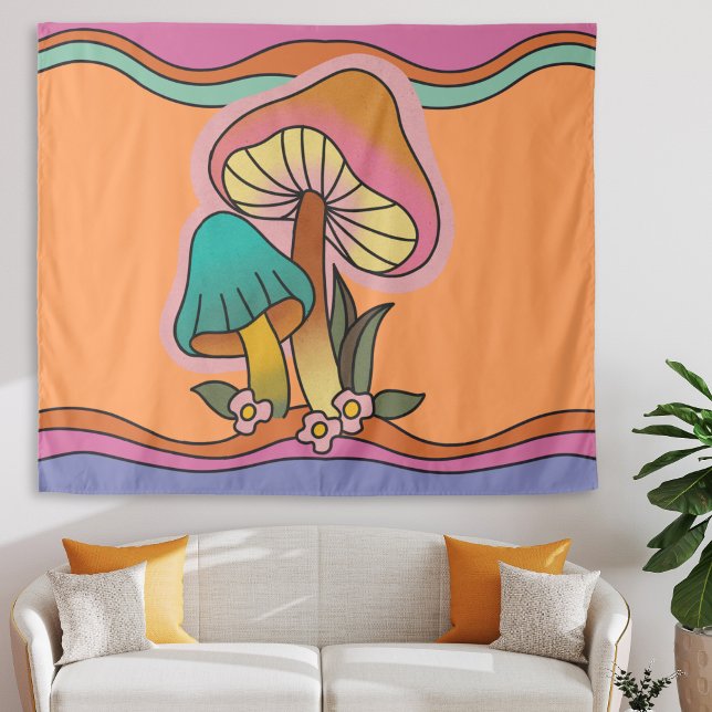 Tenture Champignon Psychedelique Groovy Rétro Hippie 60s (groovy retro mushroom tapestry, orange 60s hippie psychedelic wall hanging college dorm room decor)