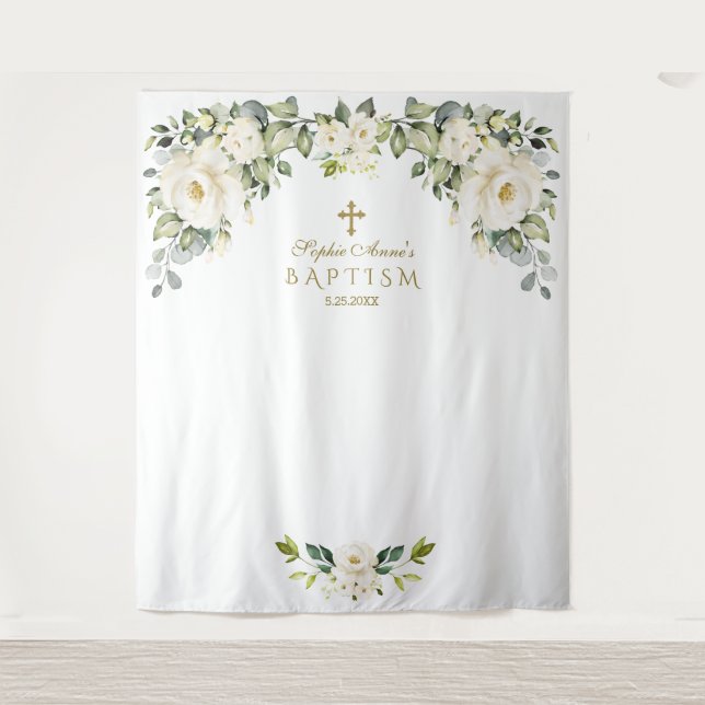 Tenture Charme Blanc Fleur Baptême Fille Photomaton Prop (Devant)