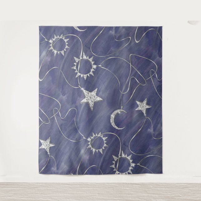 Tenture Charme Mystique | Étoiles Lune Argent Amulette Sol (Devant)