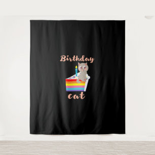 Tenture Chat d'anniversaire - chat gris kawaii d'anniversa