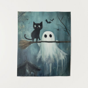 Tenture Chat d'Halloween et fantôme volent dans la chambre
