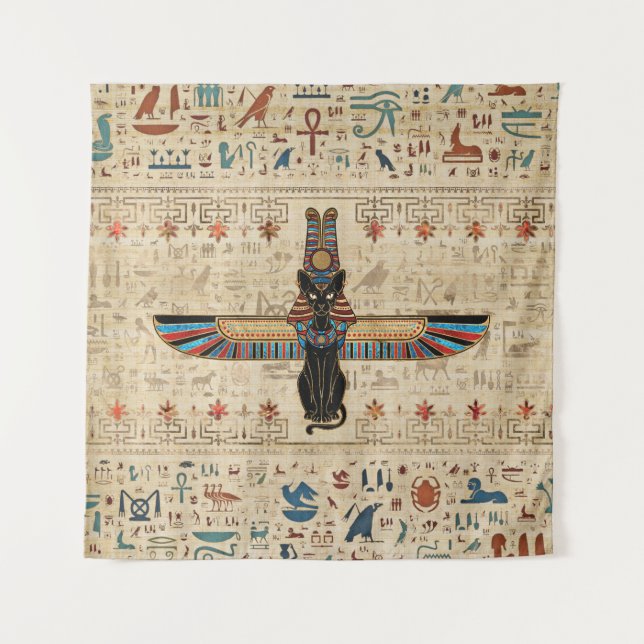 Tenture Chat égyptien - Bastet sur le papyrus (Devant)