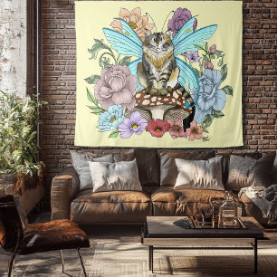Tenture Chat féerique tabby pastel fantaisiste floral