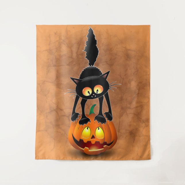 Tenture Chat Halloween personnage de dessin effrayé debout (Devant)