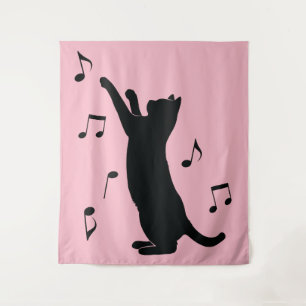 Tenture Chat jouant avec les notes musicales en silhouette