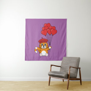 Tenture Chat mignon avec Ballons de Coeur Rouge