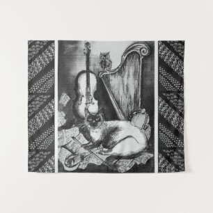 Tenture CHAT MUSICALE, OWL, VIOLIN ET HARP Black White Mus