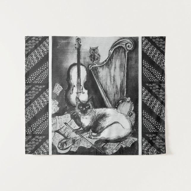 Tenture CHAT MUSICALE, OWL, VIOLIN ET HARP Black White Mus (Devant (Horizontal))