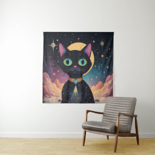 Tenture Chat noir cosmique futuriste atomique en clair de