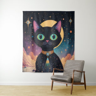 Tenture Chat noir cosmique futuriste atomique en clair de