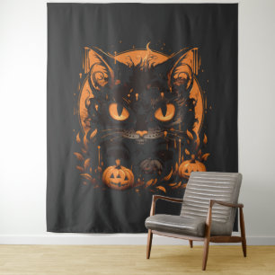 Tenture Chat noir d'Halloween avec Citrouilles et lune