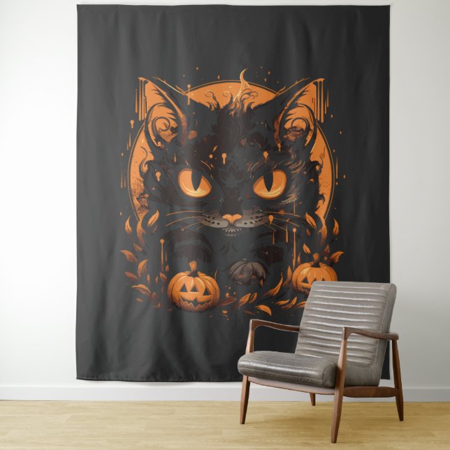 Tenture Chat noir d'Halloween avec Citrouilles et lune (En situation)