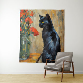 Tenture Chat noir et fleurs
