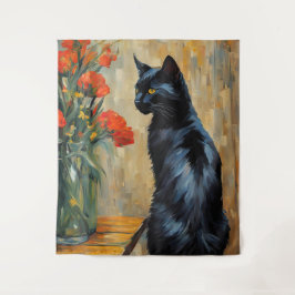 Tenture Chat noir et fleurs