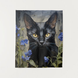 Tenture Chat noir et fleurs