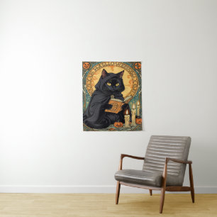 Tenture Chat noir lisant le journal de la citrouille d'Hal