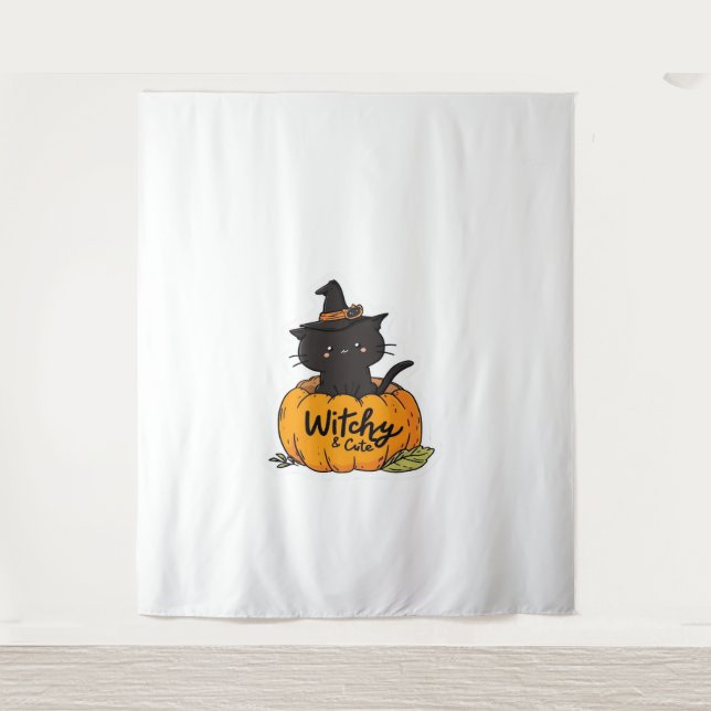 Tenture Chat noir mignon en citrouille avec casquette sorc (Devant)