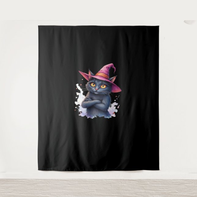 Tenture Chat noir mignon en sorcier Casquette - Halloween  (Devant)