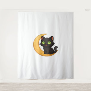 Tenture Chat noir souriant aux yeux verts brillants assis