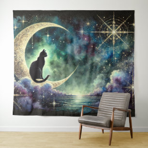 Tenture Chat noir sur Crescent Moon avec ciel étoilé