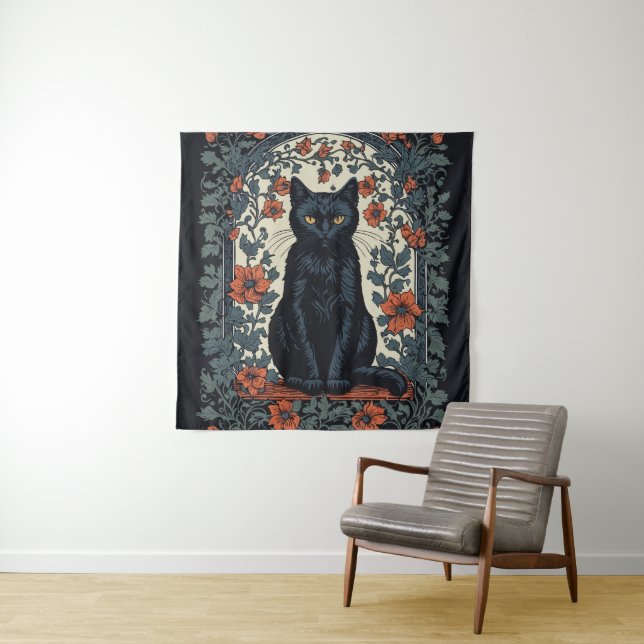 Tenture Chat noir Vintage Floral (En situation)