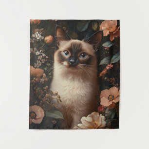 Tenture Chat siamois entouré de fleurs roses tendres