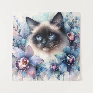 Tenture Chat siamois parmi les fleurs d'orchidée aquarelle