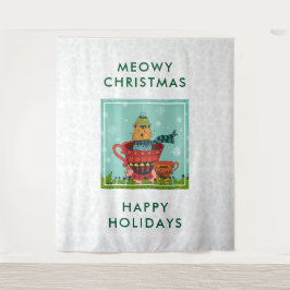 Tenture Chat Whimsical assis dans un thé Noël