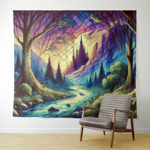 Tenture Château d'Imaginaire avec forêt enchantée et riviè