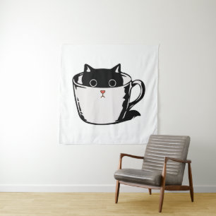 Tenture Chaton noir avec nez rouge caché dans une tasse