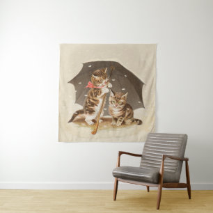 Tenture Chatons vintage sous parapluie art de chat antique